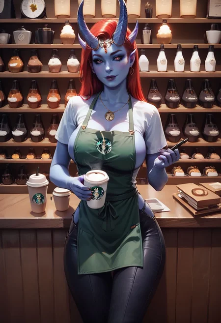 score_9, score_8_up, score_8, 1girl, detailed, high definition, perfect quality, blue skin, red iris, black eyes, red hair, demon horns, demon wings, seductive, posing, natural breasts, thigh gap, coffee shop, starbucks, shirt, black pants, green apron, holding coffee tray with drinks, serving table