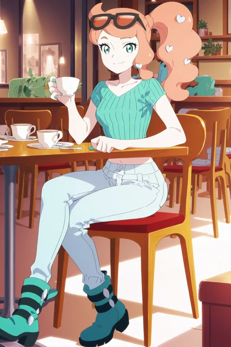 anime screencap, anime coloring, detailed face, masterpiece, best quality, very aesthetic, absurdres, volumetric lighting, official style, amazing quality, ultra detailed, highres, amazing quality, scenery, beautiful detailed hair, beautiful detailed eyes,
<lora:StS-Illustrious-Detail-Slider-v1.0:4>
<lora:Nessa_Pokémon_Twilight_Wings_Episode_4:1>
Sonia (character), sonia (pokemon), 1girl, solo, eyewear on head, cup, sitting, shirt, boots, orange hair, table, crop top, pants, ribbed shirt, holding cup, midriff, green footwear, looking at the viewer, smile