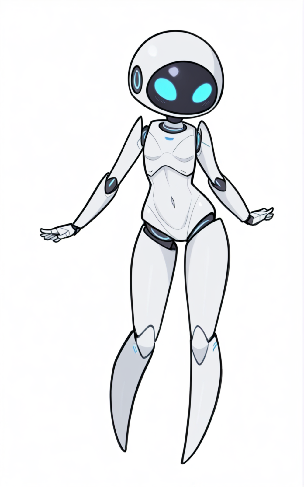 best quality, absurdres,full body, <lora:BolivanteStyleITS:0.8>,  <lora:BolivanteStyle:0.75>, <lora:EVEITS:0.8>, EVEITS, EVEITS, robot, humanoid robot, blue eyes, no mouth, white skin, screen face, robot joints, white background ,slim, featureless feet,slim,breast