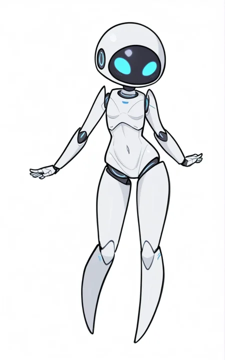 best quality, absurdres,full body, <lora:BolivanteStyleITS:0.8>,  <lora:BolivanteStyle:0.75>, <lora:EVEITS:0.8>, EVEITS, EVEITS, robot, humanoid robot, blue eyes, no mouth, white skin, screen face, robot joints, white background ,slim, featureless feet,slim,breast