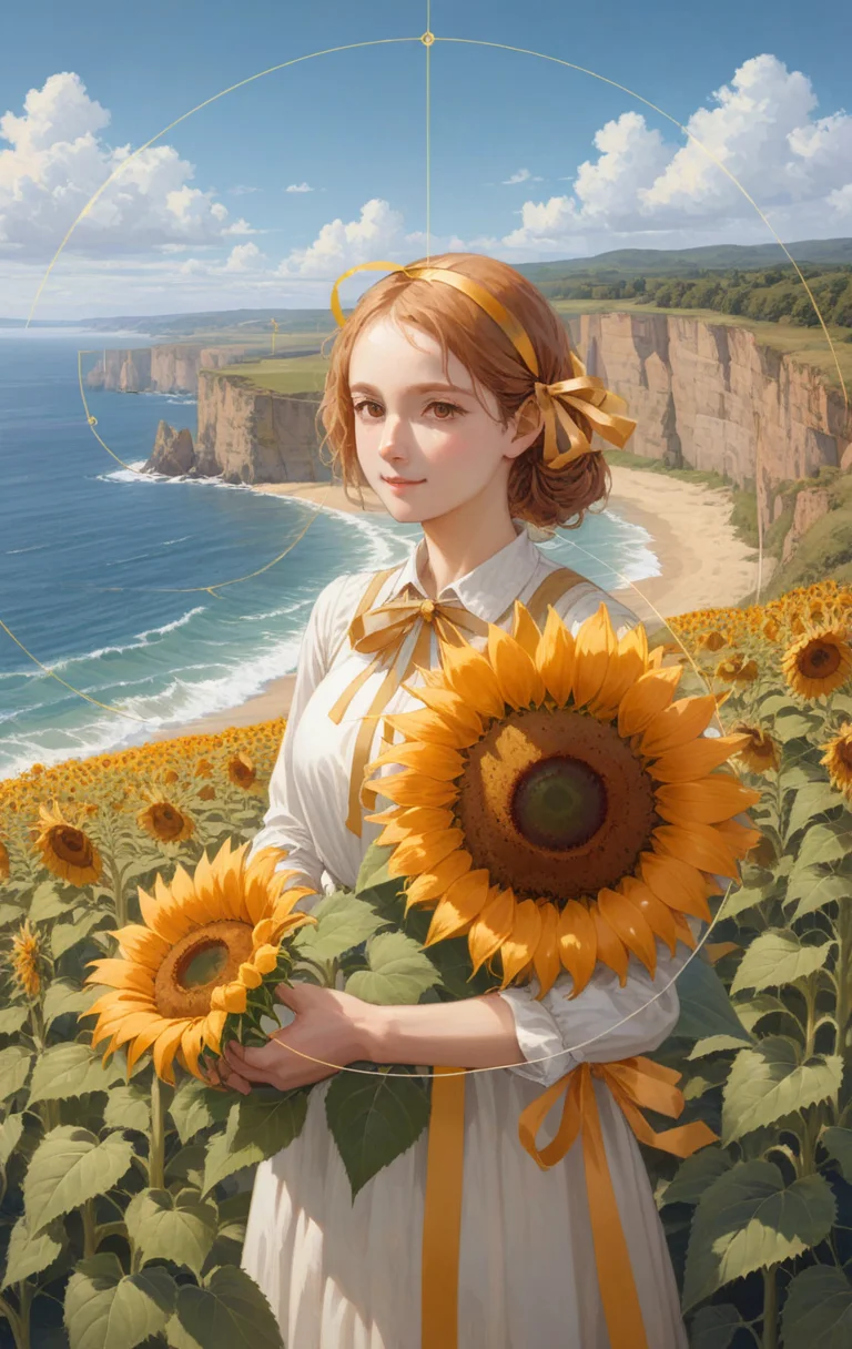 <lora:golden_ratio:1> golden_ratio_xl, (overlay, overlay layer, golden fibbon overlay:1.5) a woman holding a sunflower with a very large center, sunflower, 1girl, upper body, holding, orange theme, flower, nature, orange flower, in a sunny field overlooking the ocean, cliffs, waves
<lora:aesthetic_anime_v1s:1>
