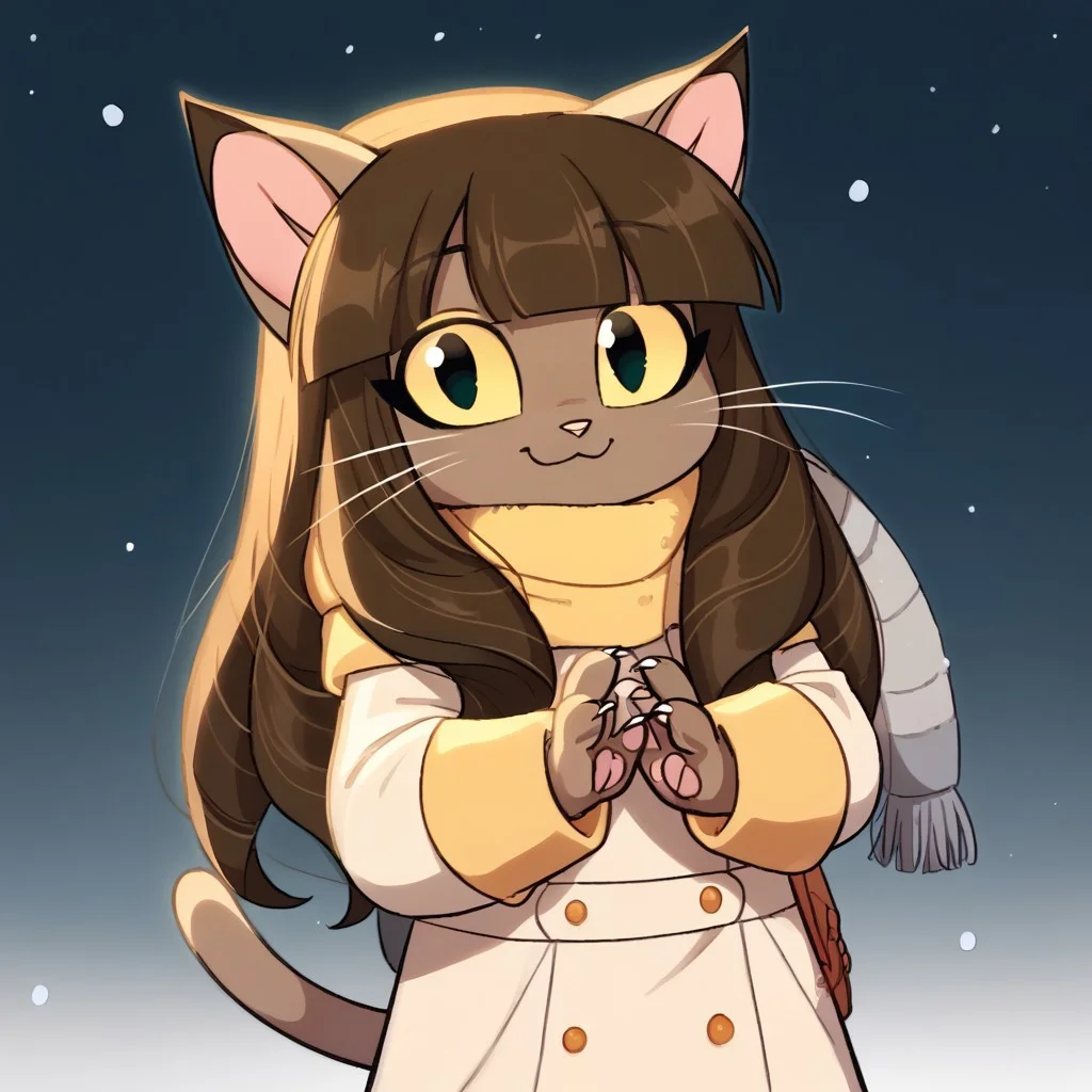 score_9_up, score_8_up, score_7_up, dynamic pose, 1girl, solo, ivy, brown long hair, braids, blunt bangs, black eyes, colored sclera, yellow sclera, no human, furry, brown furr, cat ears, child, tail, <lora:Viking's Cute Style:1>, Cute, long white coat, winter coat, winter scarf, joined hands, wide smile, BREAK, ruanyi0732,snowing, plain background