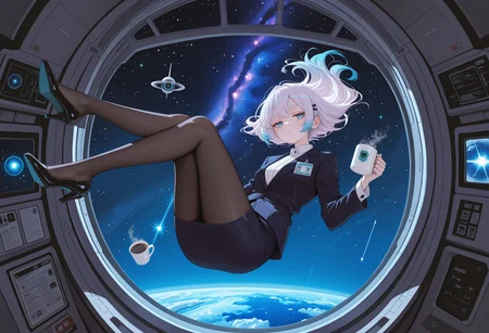MF9f, bnl0, aGl0,
1girl, blue eyes, white hair, gradient hair, blue highlights, hair ornament, hairpin, masterpiece, best quality, absurdres,
(zero gravity:1.2), science fiction, space station, satellite, in orbit, (spacecraft interior:1.2), space, stars, nebula, window,
skirt suit, white blouse, id card, pencil skirt, pantyhose, high heels,
solo, full body, looking at viewer, legs up, floating, floating hair, floating object, coffee mug, jitome,
intricate, highly detailed, majestic, shallow depth of field, movie still