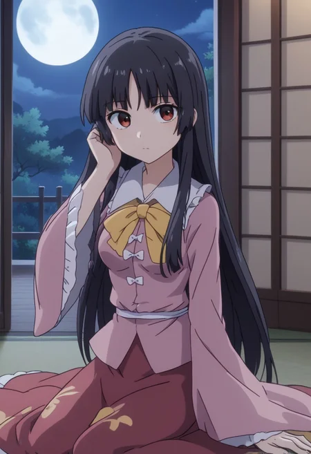 1girl, solo, short sleeves, 1girl, kaguya, touhou, pink_shirt, long_sleeves, wide_sleeves, red_skirt, hime_cut, collared_shirt, long_skirt, sidelocks, jeweled_branch_of_hourai, (pink dress:1.5), sitting, adjusting hair, front, view, looking at viewer, shy, cute, cartoon, anime, anime screenshot, high quality, looking at viewer, anime coloring, houraisan kaguya, Japanese room, night, night sky, full-moon, medium breasts