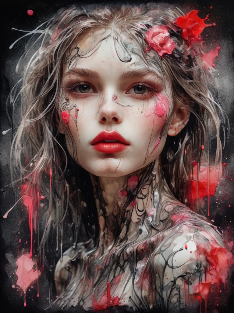 8k, RGB, HDR, oil paints, watercolors, bright saturated colors, Anna Razumovskaya, Jarek Kubicki, Aleksi Brilo, Darek Zabrotsky, Sakimichan, Loisch, Aminola Rezai, photo RAW, black, dark red, close-up, Portrait of Heloise, Mixed media collage. text with the inscription "Eloise", beautiful face. Calligraphy, gouache wash, pen sketch, thin lines, vintage illustration style. Black, white, coral pink, red, blonde hair, beautiful patterns <lora:ral-blacklight-sdxl:1> ral-blacklight