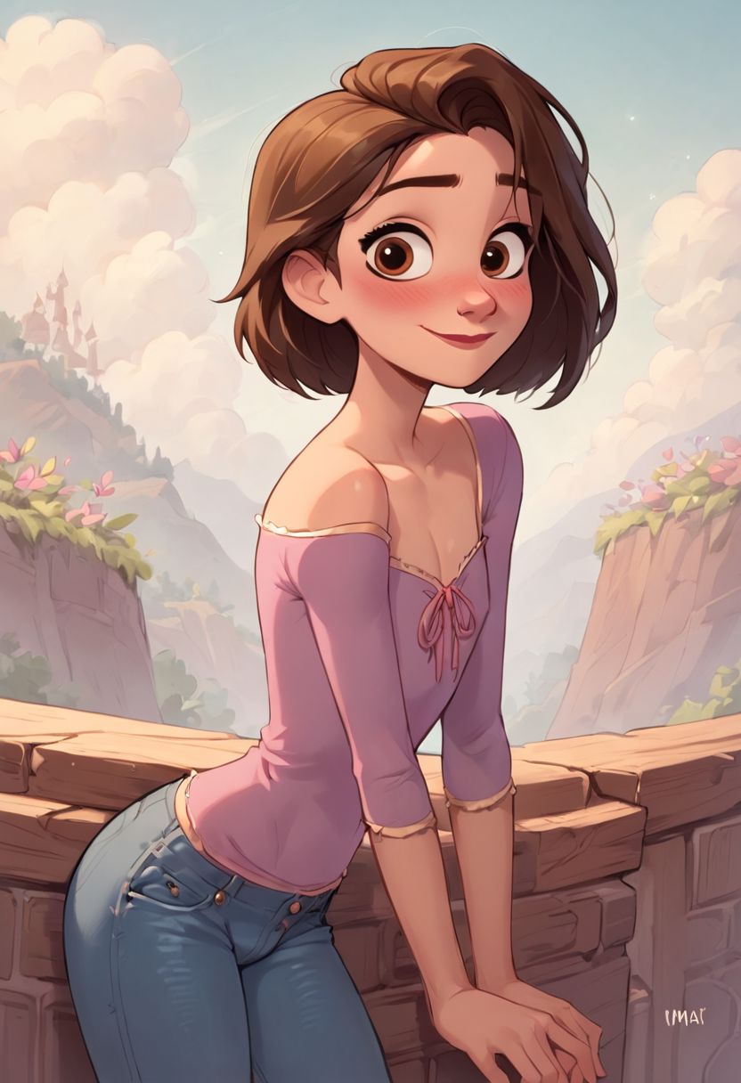 score_9, score_8_up, score_8_up, 1femboy, 1boy, sexy 20yo white caucasian femboy, brown eyes, femboy shy smile, blushing, (brown hair), medium length hair, fluffy hair, (flat chest;1.3) girly hips, curvy, skinny, source comic book, pastel colors, high res image, masterpiece, looking at viewer, jeans, pink open_shoulders shirt, RapunzelWaifu,
