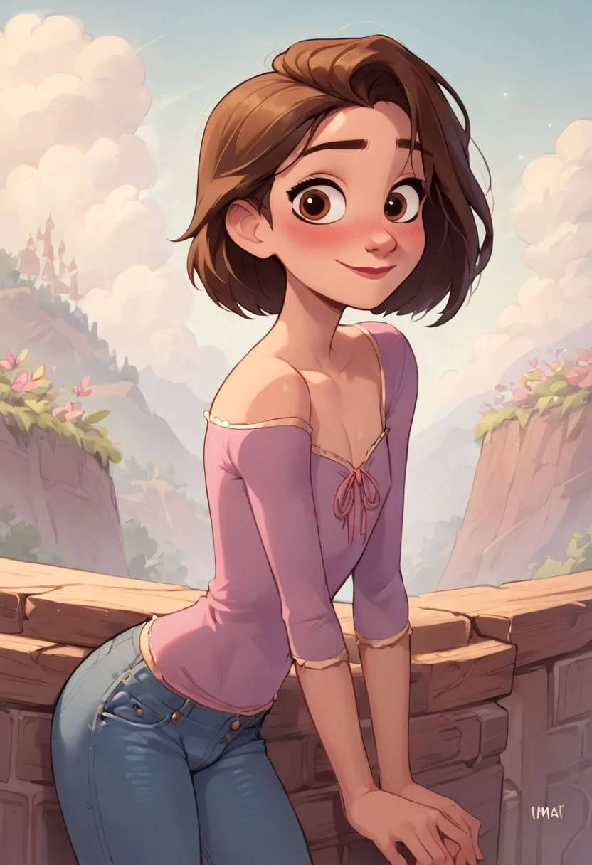 score_9, score_8_up, score_8_up, 1femboy, 1boy, sexy 20yo white caucasian femboy, brown eyes, femboy shy smile, blushing, (brown hair), medium length hair, fluffy hair, (flat chest;1.3) girly hips, curvy, skinny, source comic book, pastel colors, high res image, masterpiece, looking at viewer, jeans, pink open_shoulders shirt, RapunzelWaifu,