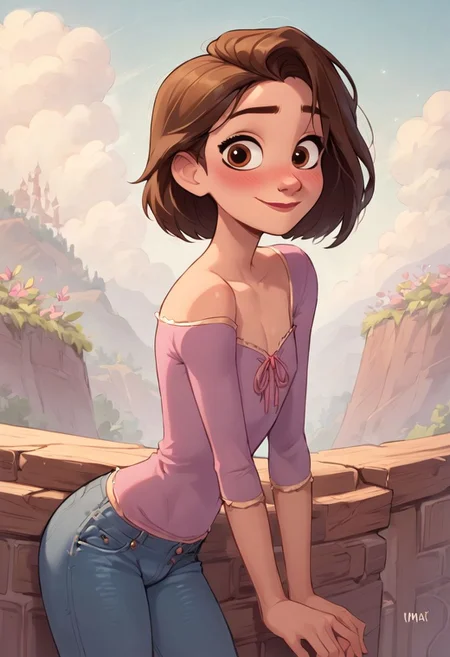 score_9, score_8_up, score_8_up, 1femboy, 1boy, sexy 20yo white caucasian femboy, brown eyes, femboy shy smile, blushing, (brown hair), medium length hair, fluffy hair, (flat chest;1.3) girly hips, curvy, skinny, source comic book, pastel colors, high res image, masterpiece, looking at viewer, jeans, pink open_shoulders shirt, RapunzelWaifu,