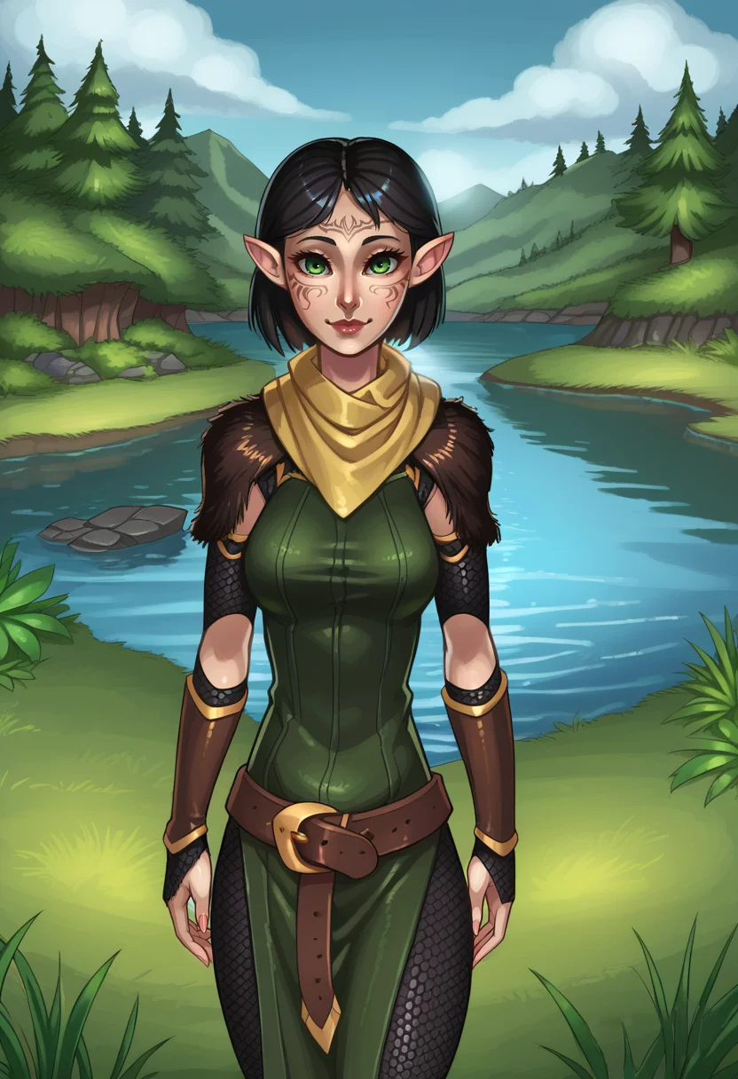 score_9, score_8_up, score_7_up, 1girl, solo, SulfS-M3rr1LL, pointy ears, face tattoo, facial mark, short hair, black hair, green eyes,
chainmail sleeves,green tunic, yellow scarf, fur trimmed shoulder pads, leather bracers, belt,
forest, lake, looking at viewer, smiling,
<lora:Merrill_Dragon_age_2-000008:0.8>, <lora:Artist_Style_-_DrGraevling:1> drgraevling-dh
