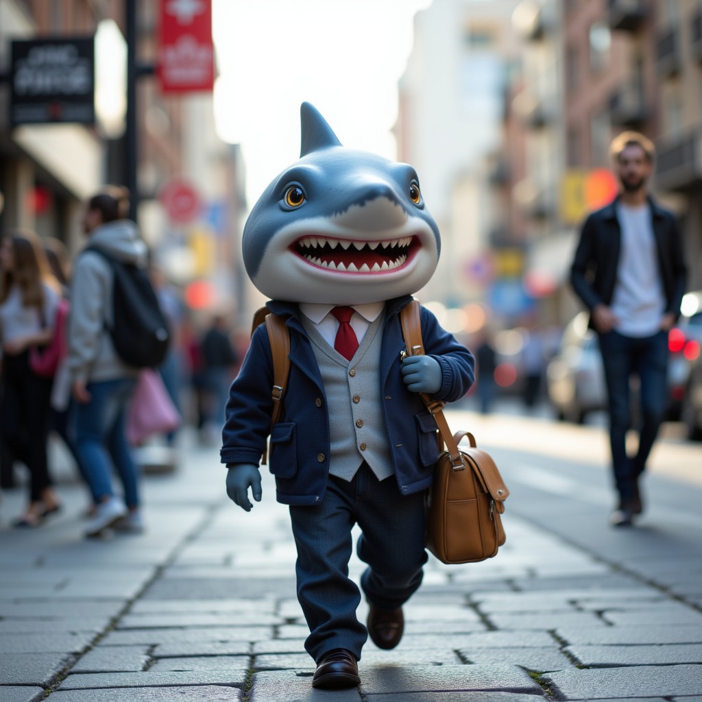A professional photograph of a mini anthropomorphic shark walking confidently down a city street, ready for school. The shark is wearing a school uniform with a backpack slung over its shoulder, featuring a mix of formal and casual attire. The shark’s blue-grey skin contrasts with the colorful clothes and the bustling urban environment. The street around is busy, with blurred cars and pedestrians in the background, but the shark is the clear focus of the image. The setting has a crisp, realistic feel, capturing the moment just as the day begins,aidmafluxpro1.1, aidmaMJ6.1, aidmaimageupgrader, aidmaHyperrealism