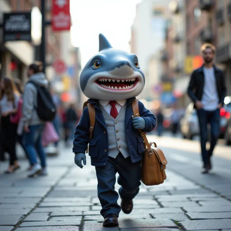 A professional photograph of a mini anthropomorphic shark walking confidently down a city street, ready for school. The shark is wearing a school uniform with a backpack slung over its shoulder, featuring a mix of formal and casual attire. The shark’s blue-grey skin contrasts with the colorful clothes and the bustling urban environment. The street around is busy, with blurred cars and pedestrians in the background, but the shark is the clear focus of the image. The setting has a crisp, realistic feel, capturing the moment just as the day begins,aidmafluxpro1.1, aidmaMJ6.1, aidmaimageupgrader, aidmaHyperrealism