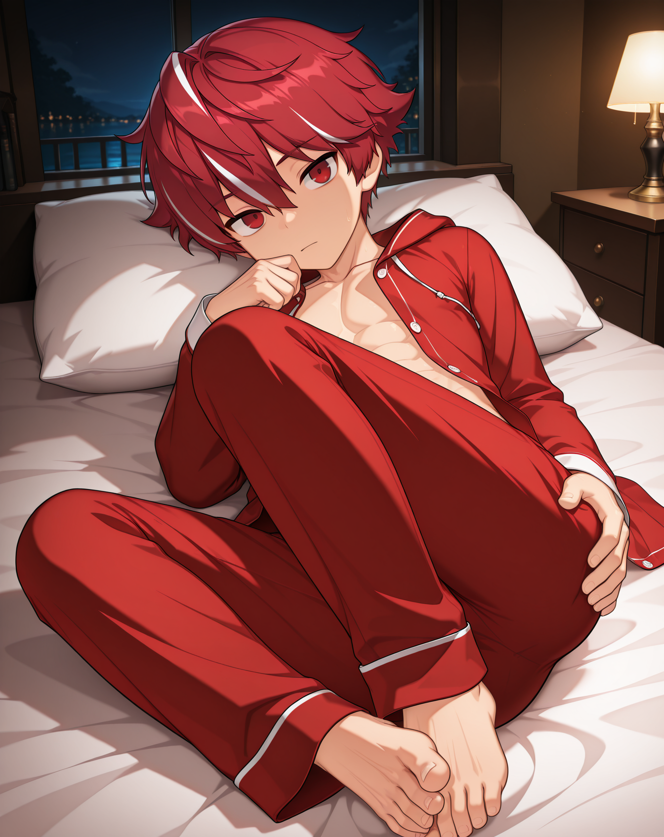 masterpiece,best quality,amazing quality, newest, very aesthetic, absurdres,
1boy, solo, yaoi, male focus, looking at viewer, full body, face focus, lying, on bed,
 <lora:Elsword_Sacred_Templar_ilxl:1> elswordst, red hair, red eyes, white hair, streaked hair,
pajamas, open clothes,
indoors, night, dark room, bedroom,