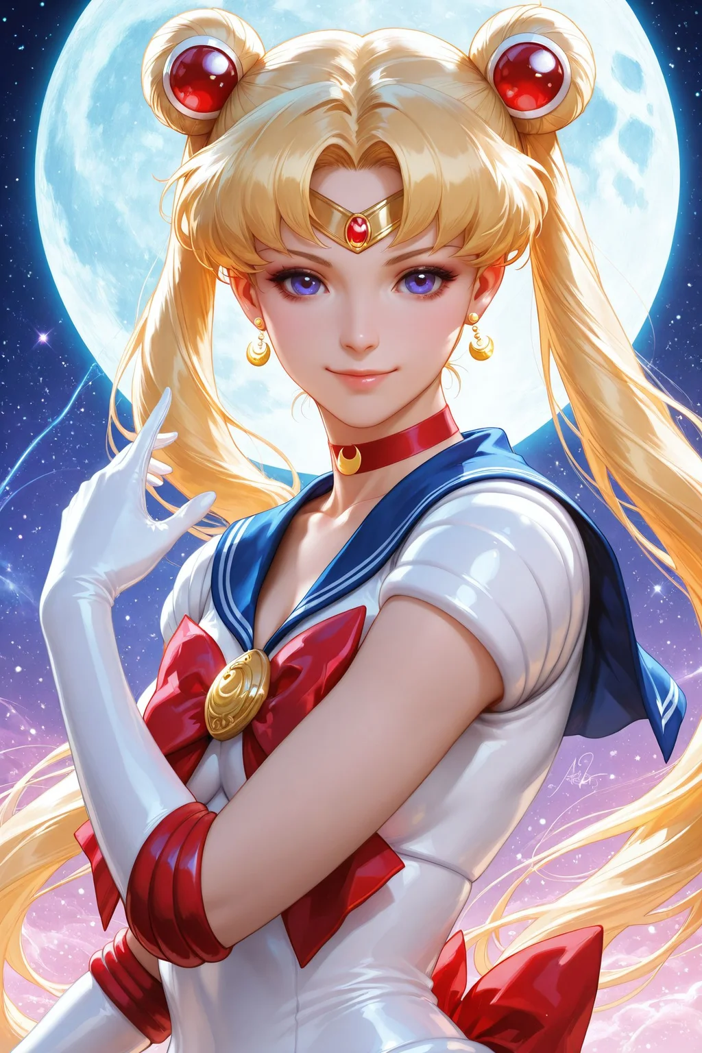 1girl,sailor moon,sailor senshi uniform,tsukino usagi,solo,gloves,jewelry,twintails,white gloves,earrings,long hair,blonde hair,elbow gloves,sailor collar,magical girl,crescent earrings,upper body,blue sailor collar,moon,choker,red bow,hair bun,bow,looking at viewer,double bun,smile,red choker,lips,crescent,blue eyes,circlet,brooch,purple eyes,signature,hair ornament,parted bangs,full moon,artist name,short sleeves,
<lora:Artgerm_illustriousXL:1>,