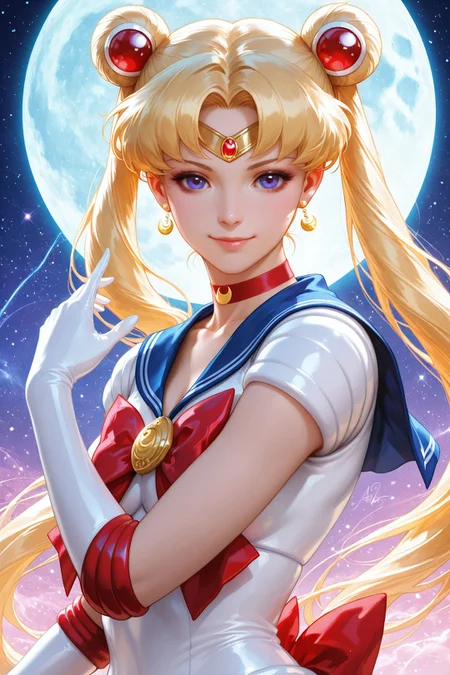 1girl,sailor moon,sailor senshi uniform,tsukino usagi,solo,gloves,jewelry,twintails,white gloves,earrings,long hair,blonde hair,elbow gloves,sailor collar,magical girl,crescent earrings,upper body,blue sailor collar,moon,choker,red bow,hair bun,bow,looking at viewer,double bun,smile,red choker,lips,crescent,blue eyes,circlet,brooch,purple eyes,signature,hair ornament,parted bangs,full moon,artist name,short sleeves,
<lora:Artgerm_illustriousXL:1>,