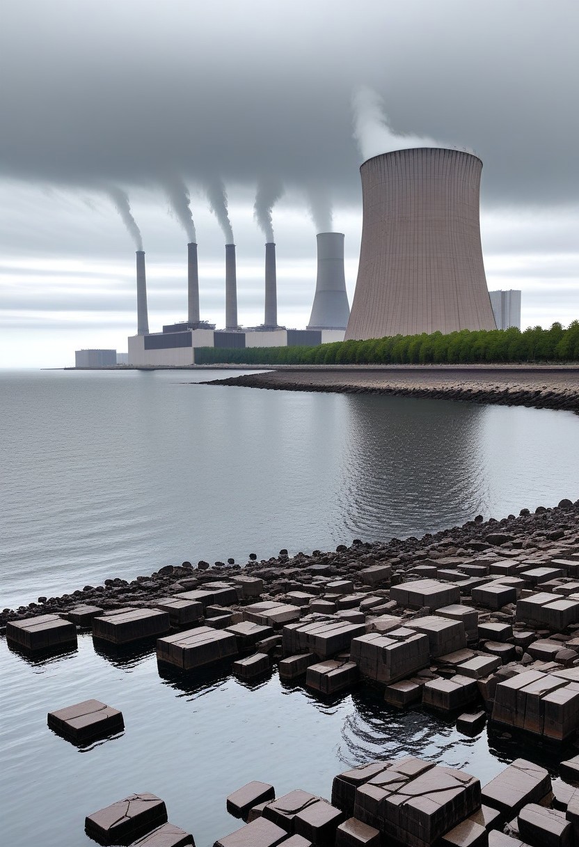 rocky coast without vegetation made of gray stone, gray water reflects, thin rectangular square dark brown skyscrapers with rectangular vertical frequent narrow windows, a cooling tower can be seen on the side on a separate stone island, low gray clouds often seeping through, and a few dark orange ones,
the sky is blue with a hint of purple on the horizon is white