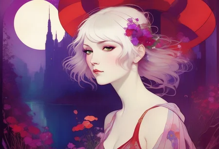 ,tj,LocationInformation,in the style of 2d game art,characterized woman,dmitry vishnevsky, neon purple and red white,cute and dreamy,editorial illustrations,kawai girl ,, white wild hair with single braid, dreamy green eyes, detailed drawing, by (Alphonse Mucha), vivid paint brushes, wild flowers, misty dreamlike cityscape ruins in background