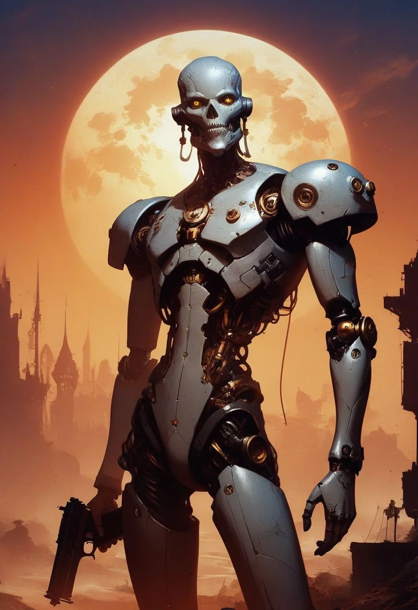 score_9, score_8_up, score_7_up, cowboy shot, knva, (Best Quality, Highres, Absurdres, Intricate Details):1.3, intricate landscape, detailed background, steampunk, steampunk city, night, 1male, skinny:1.8, anorexic, lithe body, cyborg, robot, silver body, construct, thin body, thin arms, thin legs, shooting gun, holding flintlock pistol, yellow eyes, thin waist, (shoulderpads:0.5), compassionate face, wise face