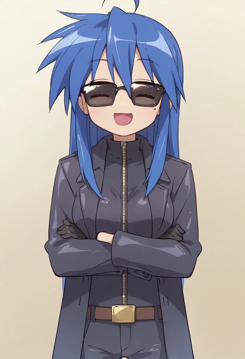 score_9, score_8_up, score_7_up,source_anime, masterpiece, ultra detailed, highres, 4k, best quality, BREAK, <lora:konata:0.7> Konata Izumi, solo, long hair, ahoge, mole, glossy hair, smooth hair, shiny hair, albertwesker, black gloves, sunglasses, belt, pants, long coat, trench coat, black coat, black pants, smile, mouth open, dark blue hair, medium breasts, round breasts, adult, mature, aged up, full body shot, arms crossed, laughing, cute, cute face