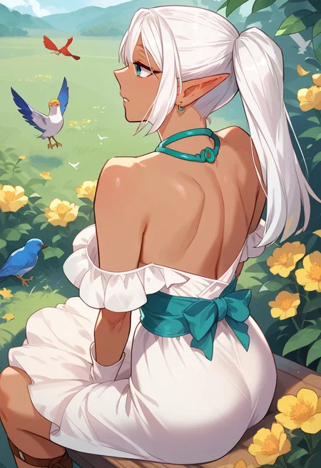 zPDXL3, score_9_up, score_8_up, score_7_up, (Anime_source), 1girl, Felecia, Elf, blue eyes, white hair, long hair, dark-skinned female, Felecia dress, ponytail, sitting, flowers, from side, birds, feathers, cowboy shot, looking up, parted lips