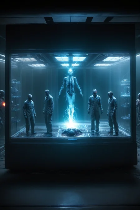 "Man*Made*Horrors" text logo:9, Faces Exploding from glass biology chamber, shadowy laboratory, electric, action shot, eerie nuclear glow, inflamed neurons background <lora:Harrlogos_v1.1:1>, prominently featured text in foreground "Man*Made*Horrors", <lora:ab0m:0.6>, ab0m
