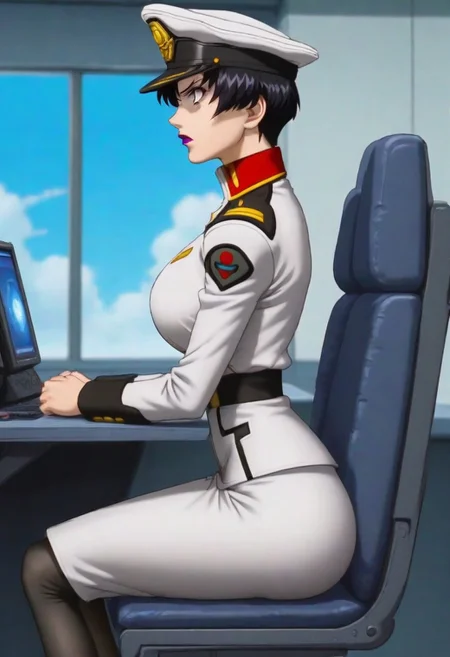 score_9, score_8_up, score_7_up, zPDXL3, Expressiveh, source: anime, anime screencap, anime coloring, natarle, 1girl, solo, blue sky, purple eyes,black hair,short hair, purple lips, perfect face, detailed face, perfect lips, ultra-detailed eyes, detailed hair, (perfect anatomy, perfect proportions), large breasts, ultra-narrow waist, ultra-fit figure, ultra-flared hips, ultra-round ass, butt crack, tight ass, shapely legs, peaked cap, military uniform, skirt, pantyhose, boot, indoors, detailed backgrounds, science fiction, naval warship interior, modern warship, command bridge, sitting in captain's chair, sci-fi consoles, crew in background, shouting orders, grasping the edges of her seat, determined, expressive, focused, looking forward, focus on face, viewed from side