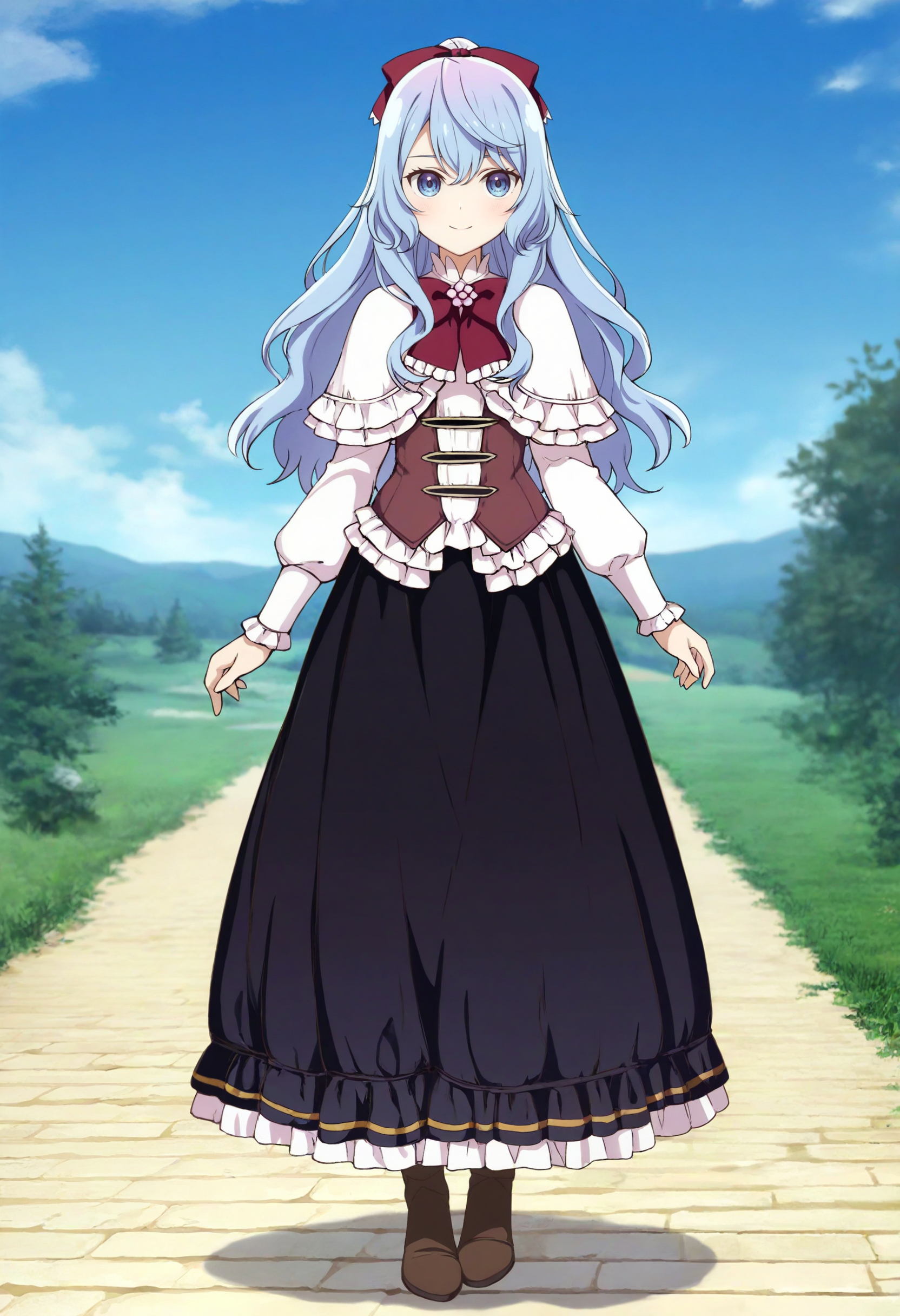 best quality, masterpiece \(quality\),
liselotte cretia,
smile, closed mouth,
1girl, solo,
white capelet, vest, red bowtie, long skirt, black skirt, hair bow, long sleeves,
standing, full body, straight-on, 
outdoors, blue sky,
<lora:faux-liselotte-cretia-mixed4-noobv-lora-rank128a32-adaf-attn-2024-12-29_18-48-28-save-660-3-0:0.8>