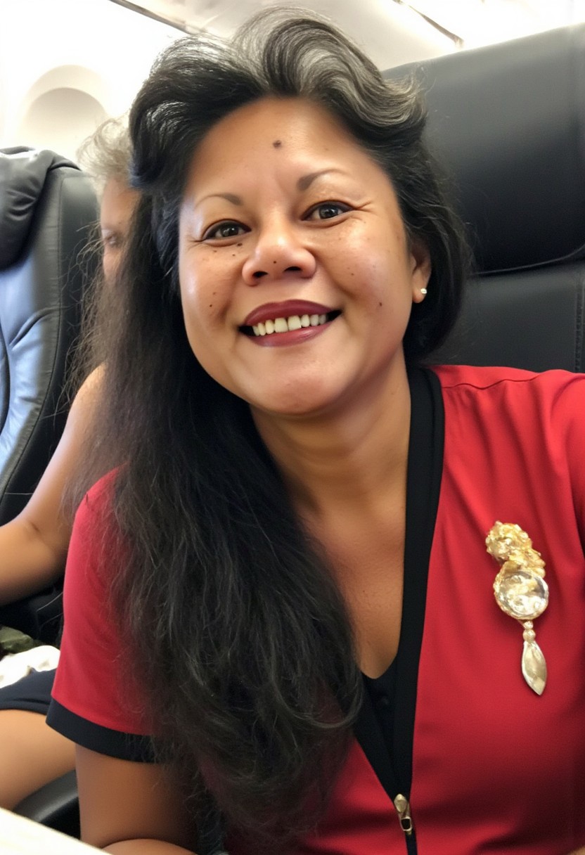 Linda, long black wavy hair, Body, Dressed as a flight stewardess, she greets customers on board a Boeing 747, in flight,