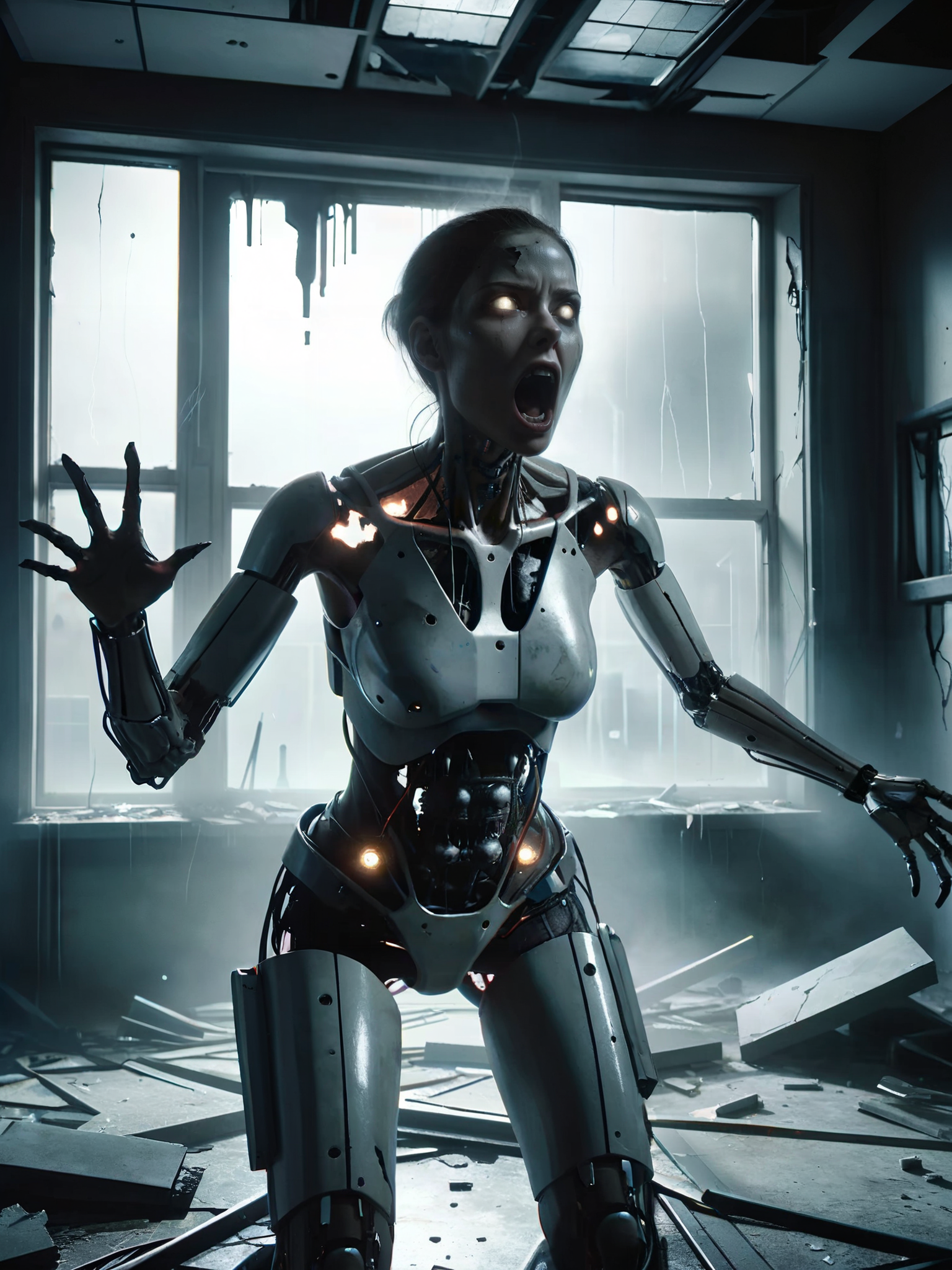mid-shot,   shot, female cyborg, horror, liminal, shrieking, screaming, extreme rage, destroyed laboratory, broken windows, <lora:add-detail-xl:1>,  <lora:ral-ertmsphr:1>ral-ertmsphr