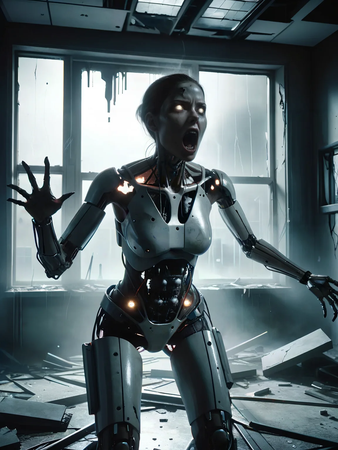 mid-shot,   shot, female cyborg, horror, liminal, shrieking, screaming, extreme rage, destroyed laboratory, broken windows, <lora:add-detail-xl:1>,  <lora:ral-ertmsphr:1>ral-ertmsphr