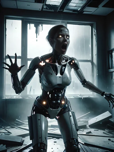 mid-shot, shot, female cyborg, horror, liminal, shrieking, screaming, extreme rage, destroyed laboratory, broken windows, <lora:add-detail-xl:1>, <lora:ral-ertmsphr:1>ral-ertmsphr