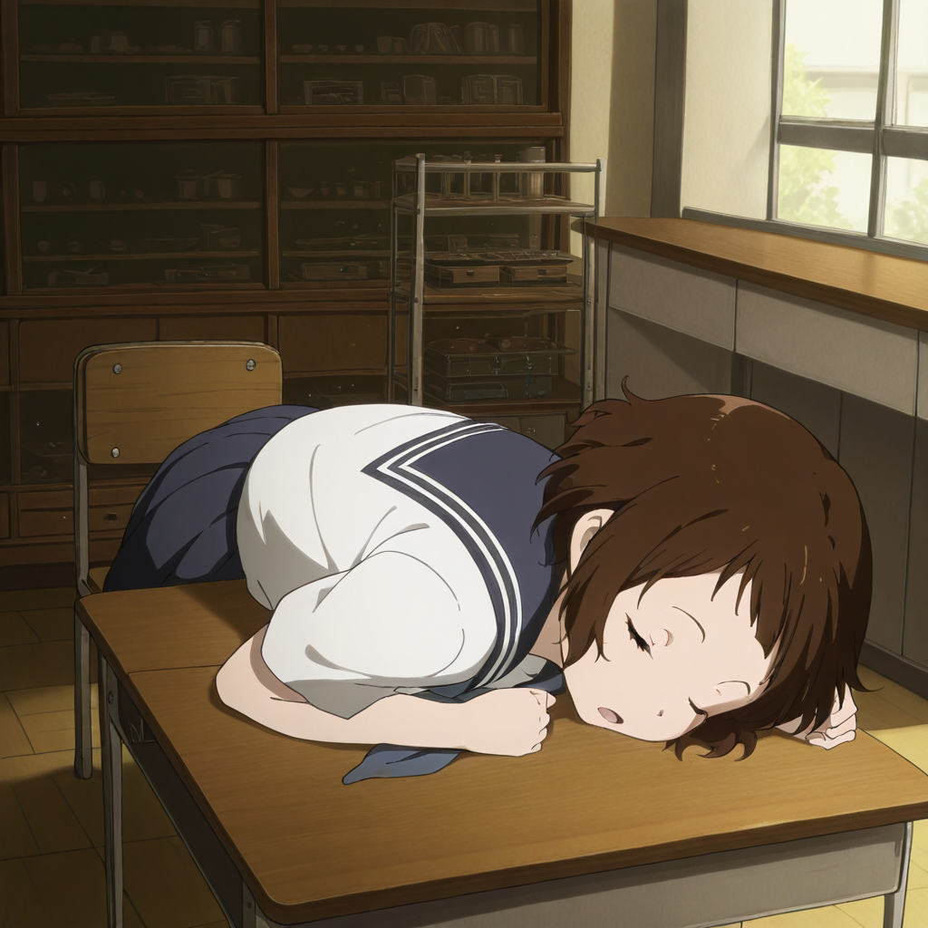 masterpiece, best quality, amazing quality,1girl, solo, kotenbu_series_lbara_mayaka, school uniform, short hair, sleeping, serafuku, brown hair, lying down, on desk, closed eyes, chair, classroom, school desk, kamiyama high school uniform (hyouka), skirt, open mouth, indoors, <lora:Ibara_Mayaka_-_Kotenbu_Series:0.7>
