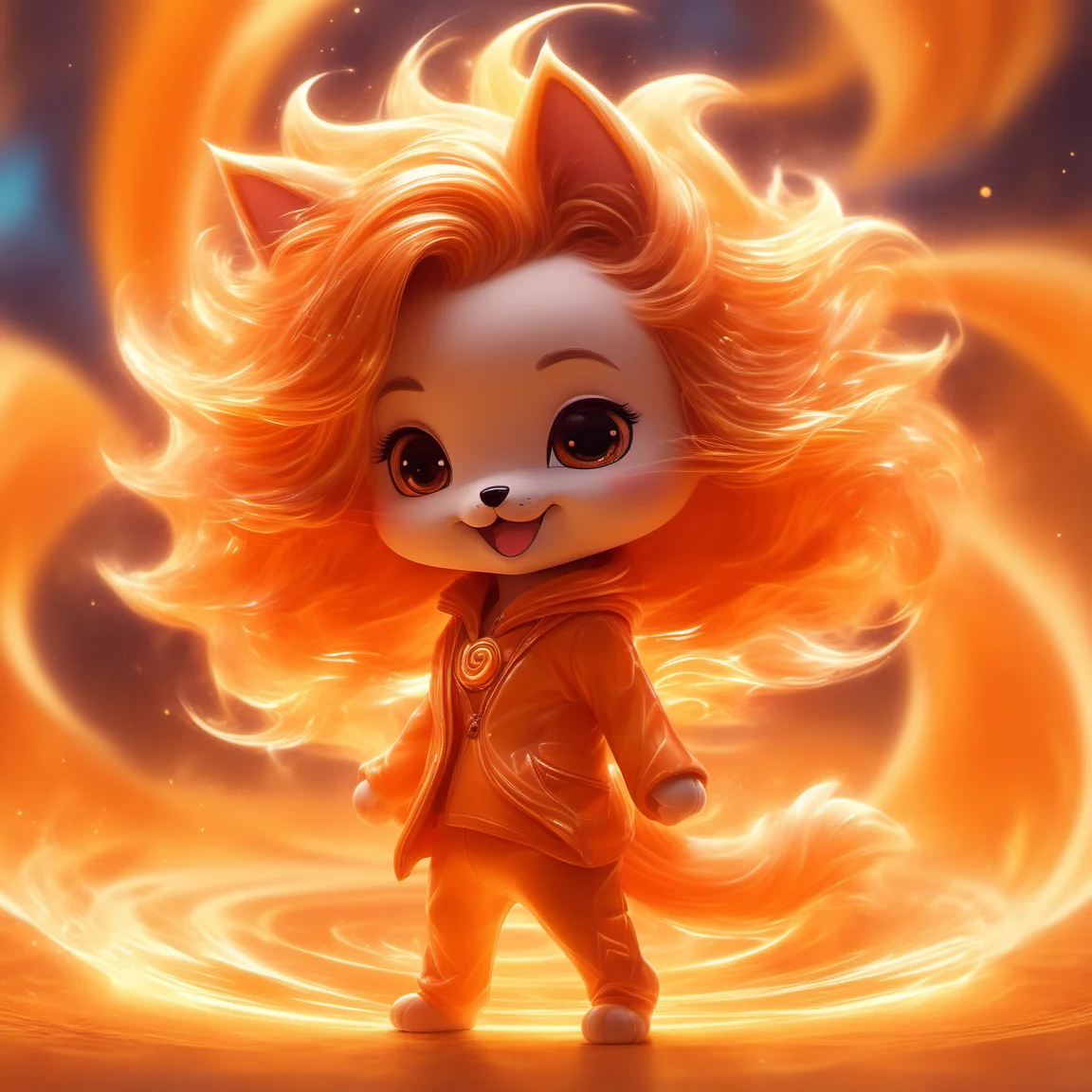 fireart,a bright orange swirl,<lora:fireart:1>, cute, tiny, little chibi, kawai, furry, great face expression, dynamic pose, trending on artstation, cinematic, hyper realism, high detail, 8k, 8mm, octane render, bokeh, artstation, detailed, character design by mark ryden and pixar