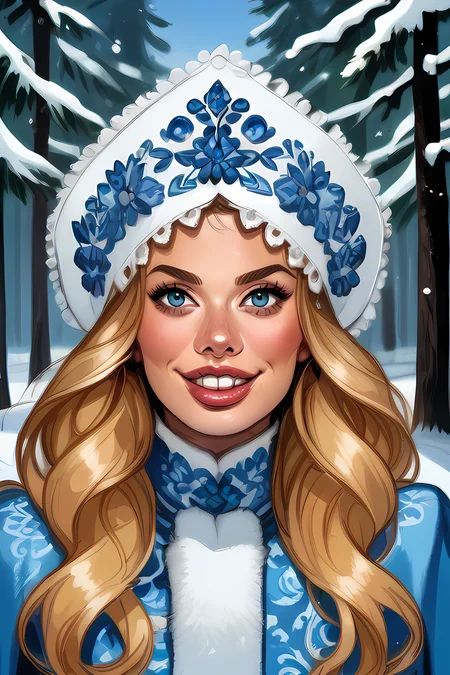 score_9,score_8_up,epiCPhoto,
light smile,upper body,
<lora:snegurochka-05:0.8>,snegurochka,1girl,kokoshnik_headdress,long blue coat,turtleneck dress,white fur trim,spruce forest,snow,rich embroidery on clothes,<lora:Lilandava_PDXL:0.25>,lilandavastyle,<lora:g0th1cPXL:0.25>,g0th1cpxl,<lora:officialpit_v2-8:0.5>,<lora:Anna_Sedakova:1>,anna_sedakova,long hair,wavy hair,smile,posing,