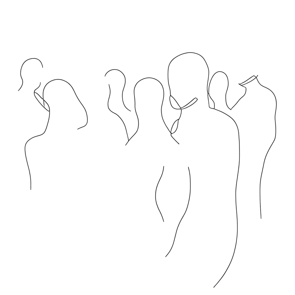 aaAR7la, masterpiece, best quality, aesthtic, highres, simple background, white background, Black-and-white, minimalistic, one line drawing, lineart, multiple people, outline, abstract, see=through, transparent, faceless,