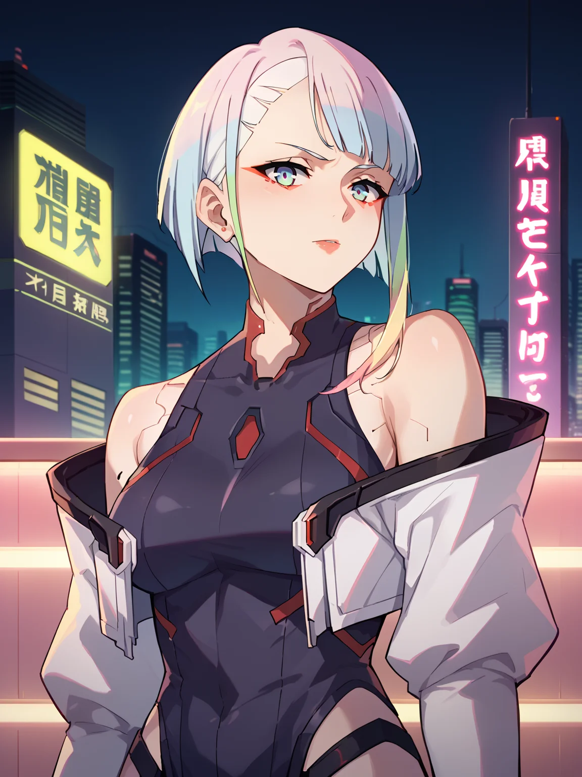 lucy \(cyberpunk\), 1girl, bodysuit, white open jacket, upper body, looking at viewer, solo, neon light, night, cyberpunk city background,
score_9, score_8_up, score_7_up, score_6_up, source_anime <lora:LucyXL:1>