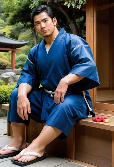 score_9, score_8_up, score_7_up, score_6_up, hannekenjinbei, intdoor, japanese architecture, nature, sunlight, feet out of frame, perfect anatomy, perfect proportions, best quality, masterpiece, high_resolution, high quality, aesthetic, absurdres, (male focus, solo male:1.2), asian man, short hair, black hair, black eyes, facial hair, stubble, clothing, japanese clothing, jinbei \(japanese clothing\), (blue jinbei), yarn knitting on sleeves \(japanese clothing\), wide sleeves, short sleeves, side-knot closure clothing, jinbei half pants, adult, mature, masculine, manly, handsome, charming, alluring, upper body, dutch angle, from side, cowboy shot, sitting on wooden floor, garden, engawa \(japanese architecture\), spread legs