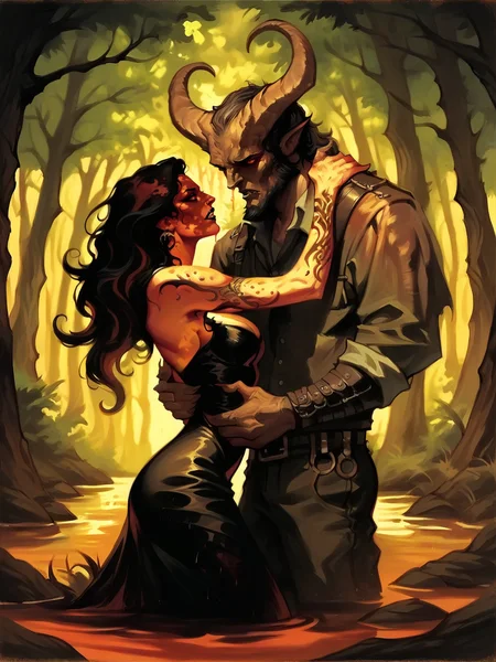 score_9, score_8_up, score_7_up, score_6_up, score_5_up, <lora:gopXLP:1> gop, oil painting \(medium\), 1girl, demon 1boy, forest,