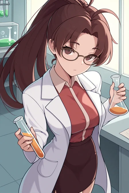 masterpiece, best quality, 1girl, solo, <lora:gsjenna-illu-nvwls-v1-000005:1> jenn4, brown hair, high ponytail, brown eyes, antenna hair, long hair, labcoat, collared shirt, pencil skirt, laboratory, looking at viewer, holding beaker, glasses