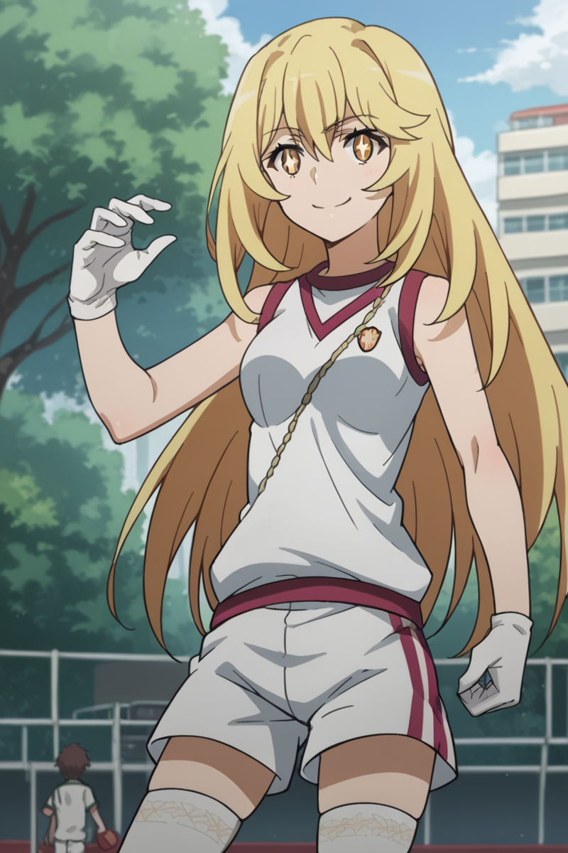 score_9, score_8_up, score_7_up, source_anime,
misakishokuhou, <lora:misaki-shokuhou-s3-ponyxl-lora-nochekaiser:1>,
misaki shokuhou, blonde hair, hair between eyes, long hair, symbol-shaped pupils, yellow eyes, smile,
bare shoulders, gloves, gym shirt, gym shorts, gym uniform, shirt, short shorts, shorts, sleeveless, sleeveless shirt, thighhighs, tokiwadai school gym uniform, white gloves, white shirt, white shorts, white thighhighs,
outdoors, sports festival,
looking at viewer, cowboy shot, dutch angle, dynamic pose,