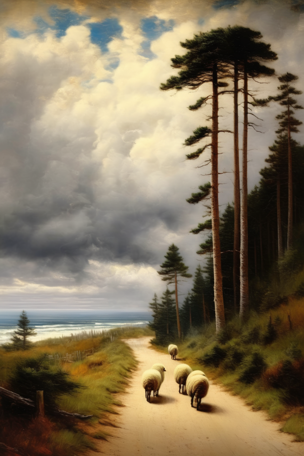 <lora:Worthington Whittredge Style:1>Worthington Whittredge Style - a man is walking his sheeps on a winding road leading to the beach. Full of pine trees. Dramatic Cloud. Painted