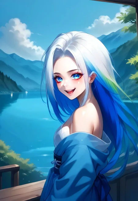 score_9, score_8_up, score_7_up, 8k uhd, masterpiece, best quality, high quality, absurdres, ultra-detailed, (highly detailed), OverallDetail, Expressiveh,
,
((( Adult )))
,
(((1 woman)))
,
(((RoxanaF, blue eyes, multicoloured hair, yukata)))
,
((( TeraceWA, lake, sky, mountains, trees, day )))
,
((( Smiling, posing, face close-up view, side view)))