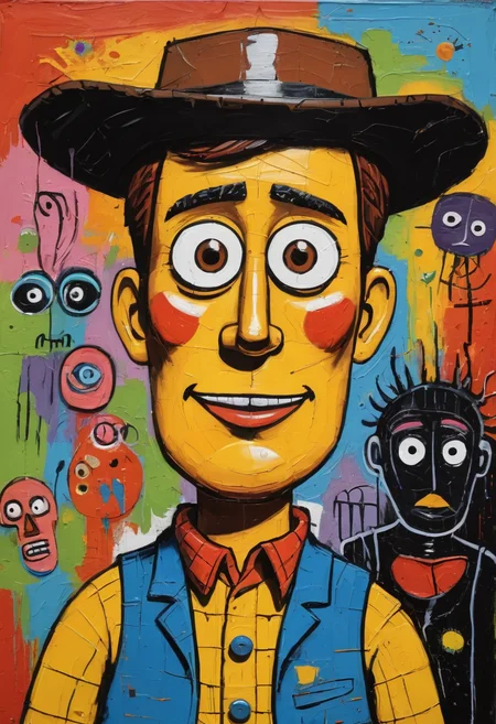 Toy Story, art of brut style, characteized by bright and bold colors, thick textured paint, intense black strokes, and astonished details,