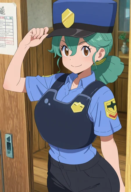 masterpiece, best quality, solo, curvy, beautiful eyes,  zzJenny, brown eyes, hair between eyes, green hair, long hair, ponytail, short hair, police uniform, policewoman, shirt, police hat, blue shirt, collared shirt, black pants,  , <lora:JennySunMoon_IXL:1.0>,, smile, looking at viewer, cowboy shot,  <lora:HaradaTakehitoIXL_v3:0.8>, <lora:ZankuroIXLLight_v2:0.3>,
