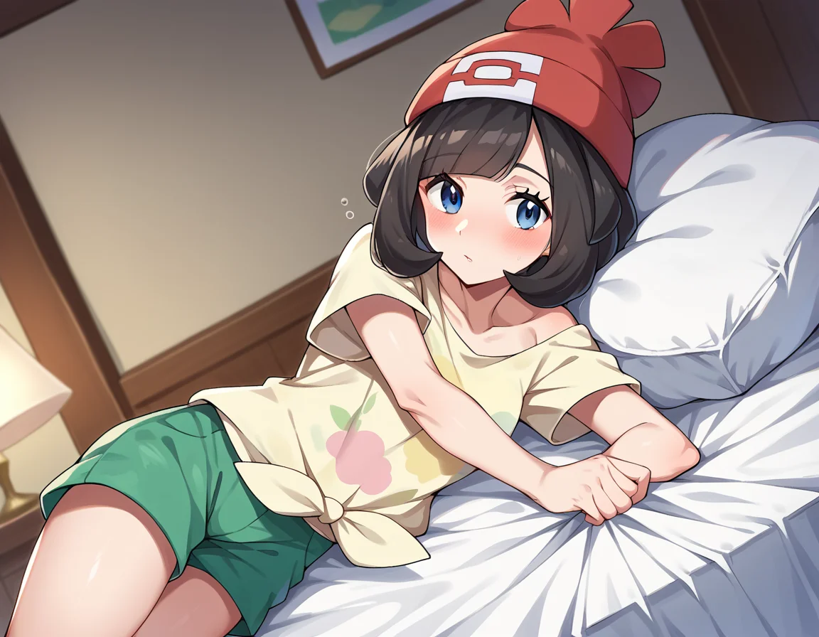 score_9, score_8_up, score_7_up, source_anime,
pokemonselene, <lora:pokemon-selene-ponyxl-lora-nochekaiser:1>
pokemonselene, black hair, blue eyes, short hair, bangs, blunt bangs,
beanie, collarbone, green shorts, hat, red headwear, shirt, short sleeves, shorts, tied shirt, yellow shirt,
indoors, bed, bed room, on side, blush, drunk,
looking at viewer, cowboy shot, dutch angle,