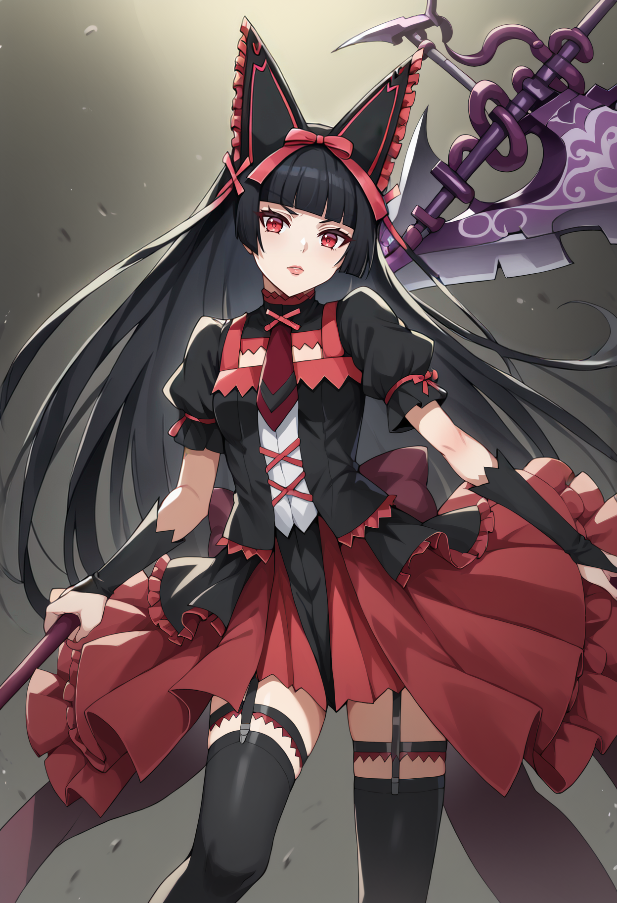 score_9, score_8_up, score_7_up, BREAK source_anime, 1girl, rory mercury, black hair, red eyes, hime cut, blunt bangs, goth fashion, hair bow, hair ribbon, frilled dress, red necktie, garter straps, black thighhighs, (holding weapon, halberd:1.2), simple <lora:hskc-rorymercury-pony-v0.6-000009:1>