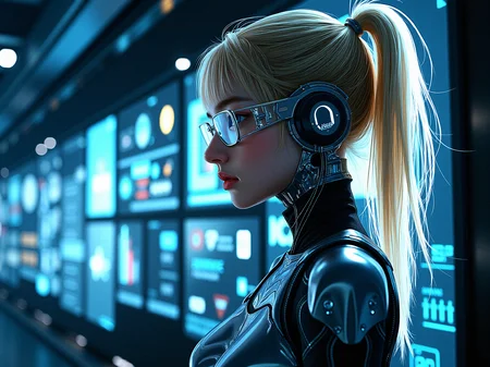 Extreme photorealistic depiction of a female hacker in a cybernetic network hub, surrounded by advanced computer systems and holographic data streams. She is wearing a sleek, alloy plating cybernetic suit embedded with cybernetic enhancements, and her blonde hair is partially illuminated by the various screens and floating holograms. The environment should feel realistically futuristic and dense with digital information, with glowing data cables and interfaces interweaving throughout the space. Highlight the contrast between her calm demeanor and the complexity of the cybernetic hub.
a subtle, integrated communication system in her head or neck, with tiny speakers and microphones for direct interaction.a form-fitting, adaptive fabric bodysuit that covers parts of her body, adjusting its texture and rigidity based on her needs.Introduce subtle, bioluminescent vein-like structures that run through her mechanical components, pulsing gently with a soft glow.Integrate glowing, circuitry-like patterns onto her metallic parts, that light up and pulse.
Lowering her futuristic glasses slightly, looking over them with a raised eyebrow and a questioning expression.