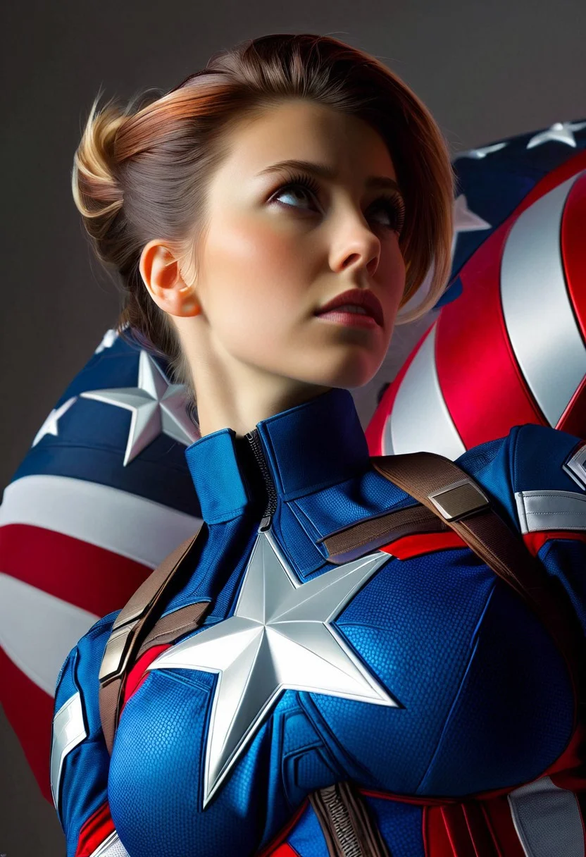 A photorealistic portrait of a lone woman, focusing on her upper body, dressed in a Captain America costume, with intricate details on the star-spangled suit, her expression confident and determined, set against a muted, patriotic color palette with soft, cinematic lighting, captured from a slightly low angle to emphasize her heroic presence.