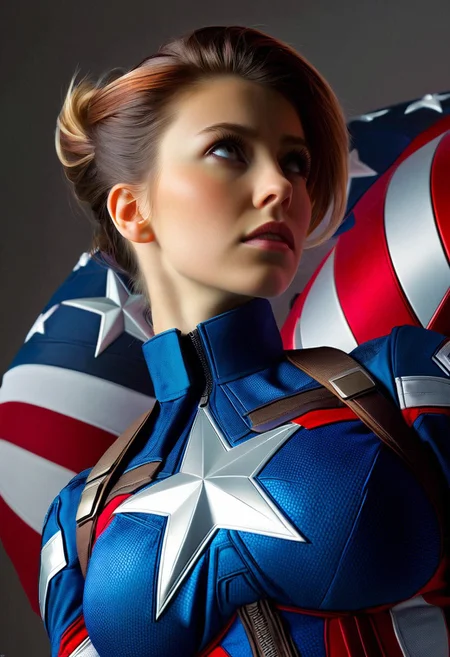 A photorealistic portrait of a lone woman, focusing on her upper body, dressed in a Captain America costume, with intricate details on the star-spangled suit, her expression confident and determined, set against a muted, patriotic color palette with soft, cinematic lighting, captured from a slightly low angle to emphasize her heroic presence.