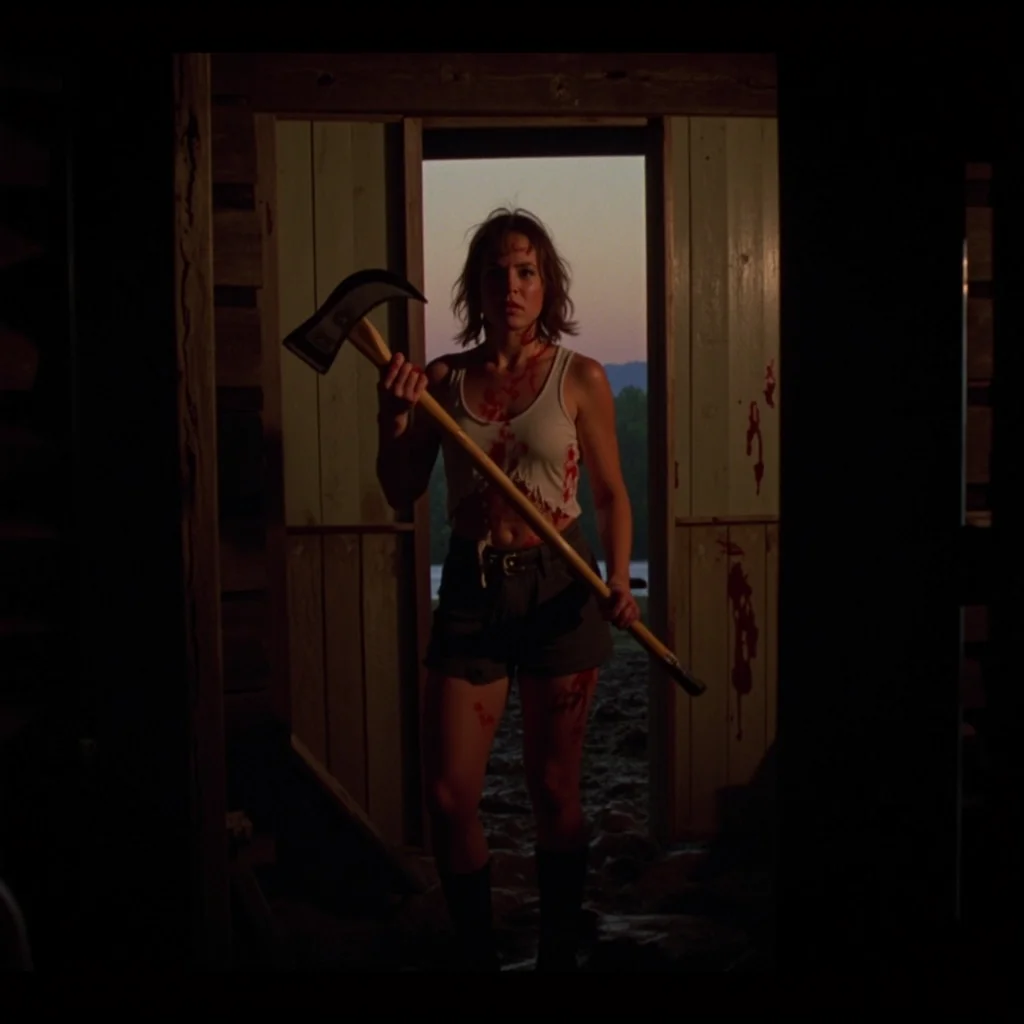 horror-themed concept art Dark Fantasy Art, <lora:Final Girls V2:0.8> final_gs, A determined young woman â bruised, bloodied but unbroken â stands alone in a dimly lit log cabin doorway at dawn, wielding an axe. Her tank top is torn, hair matted, expression fierce. Captured with a 1980s VHS camcorder, low resolution, scanlines, soft tracking glitches, light bloom from the sunrise behind her, faded blood splatter. The scene feels like a still from a vintage slasher final act â gritty, heroic, and tragic all at once., dark, moody, dark fantasy style . digital artwork, illustrative, painterly, matte painting, highly detailed . eerie, unsettling, dark, spooky, suspenseful, grim, highly detailed