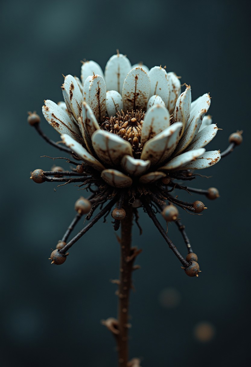 enistyle, A moody macro Shot of a mechanical sick flower Made of intricate technical parts. Atmospheric lighting, The air is thick with dust and the scent of ozone, a moment frozen in cinematic perfection.